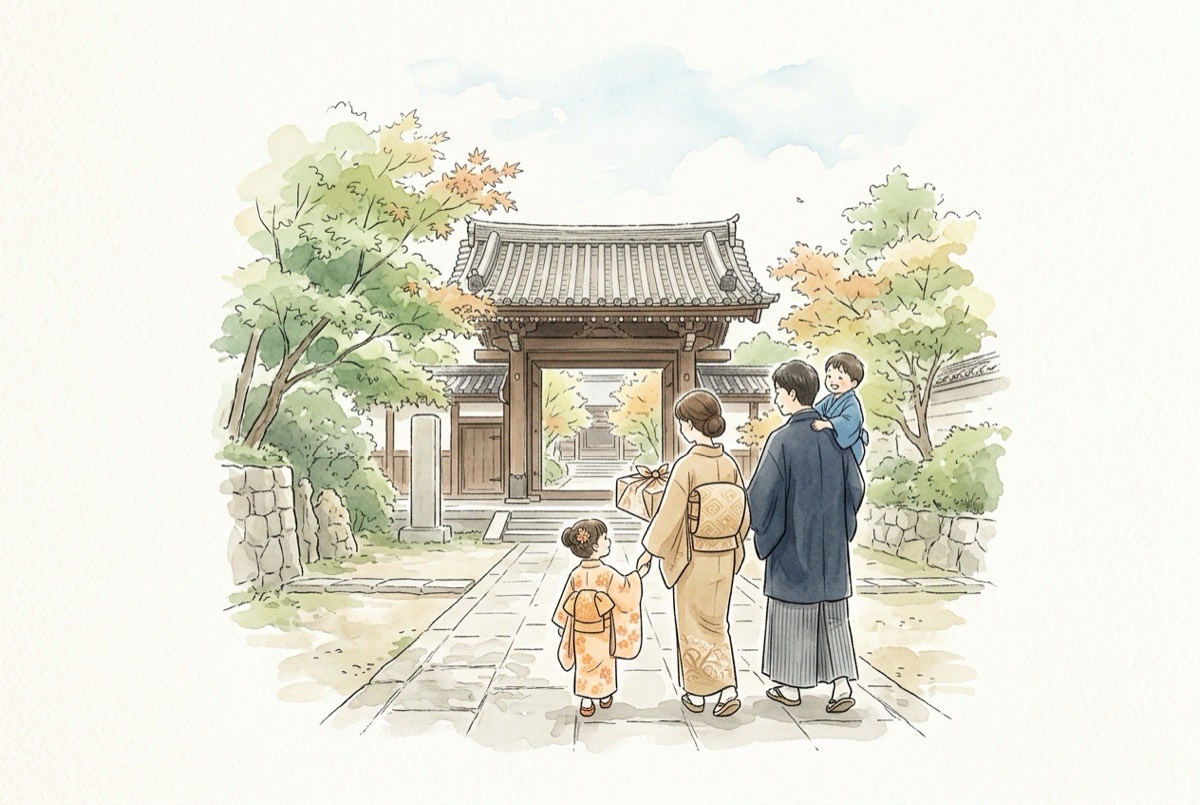 菓子折りを手に、寺の山門へ向かって歩いている家族の水彩イラスト