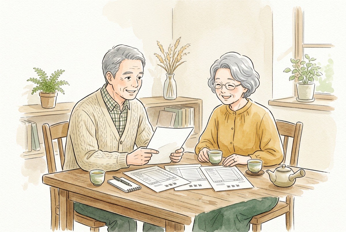 テーブルに複数の見積書を並べて見比べている夫婦の水彩イラスト