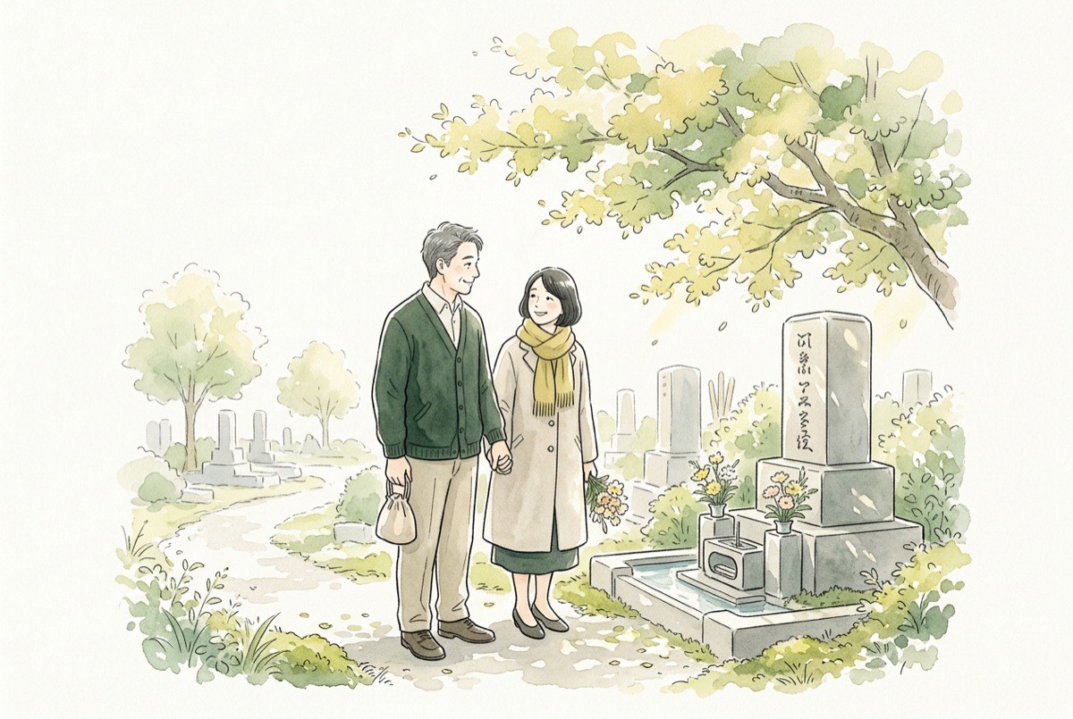 墓地で、墓石の前に立った夫婦が墓じまいについて相談している水彩イラスト