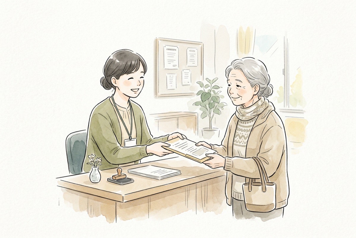 市役所の窓口で、職員から申請の書類を受け取っている女性の水彩イラスト
