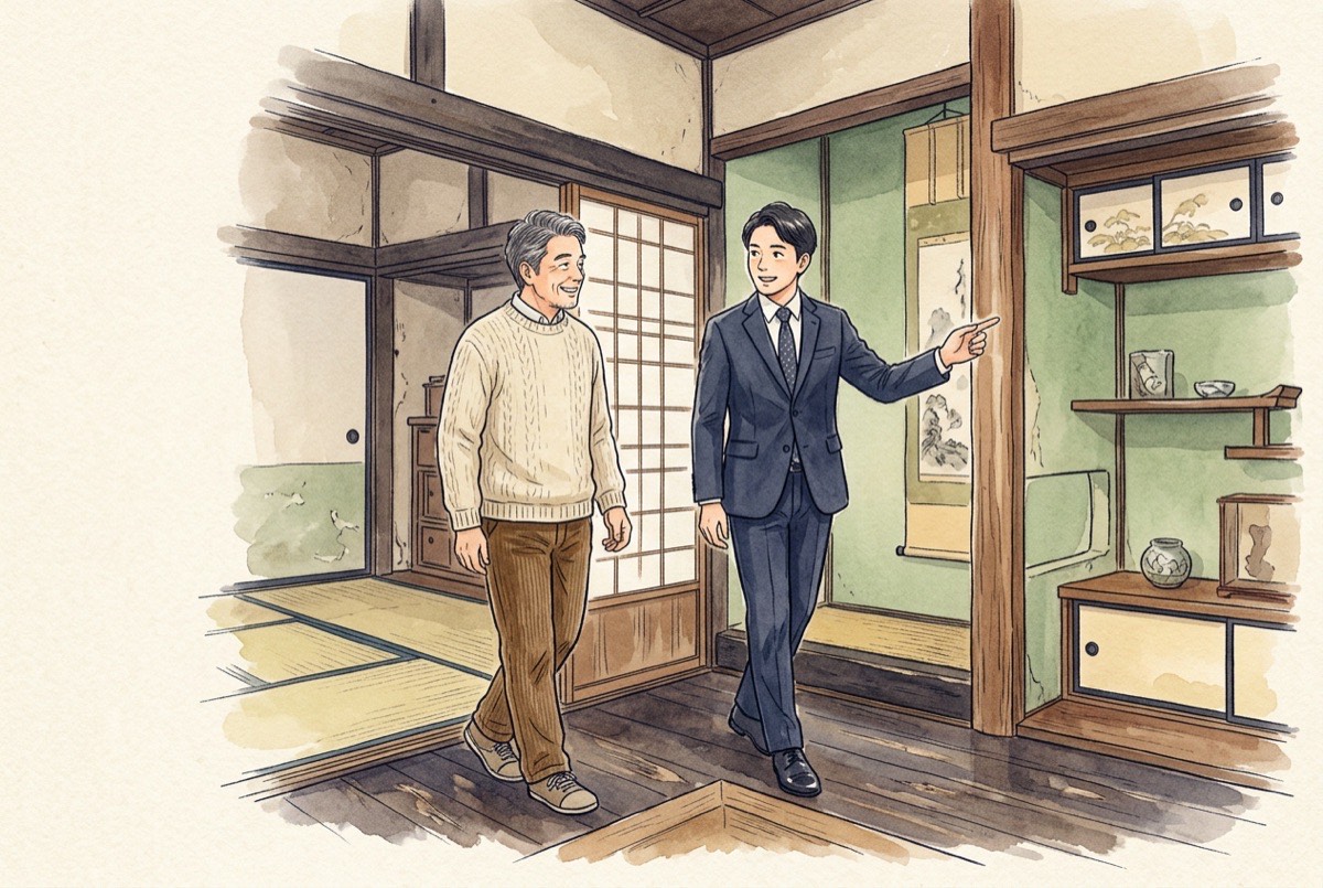 査定士と一緒に古い家の中を見て回っている男性の水彩イラスト
