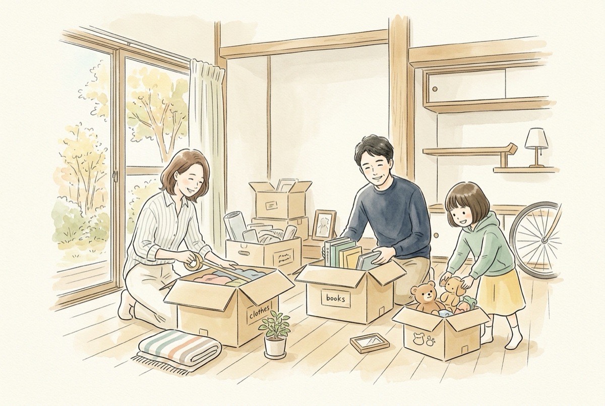 実家の部屋で、段ボール箱に荷物を詰めている家族の水彩イラスト
