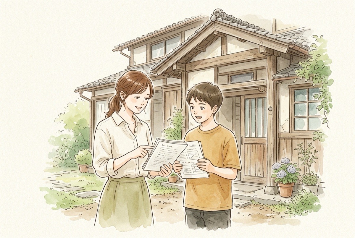 実家の前で、書類を手にした姉弟が相談している水彩イラスト