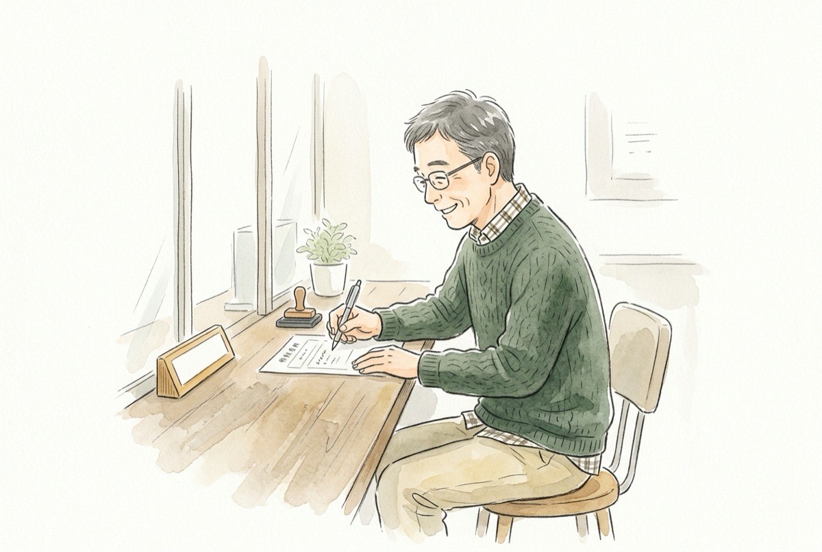 役所のカウンターで改葬許可の申請書に記入している男性の水彩イラスト