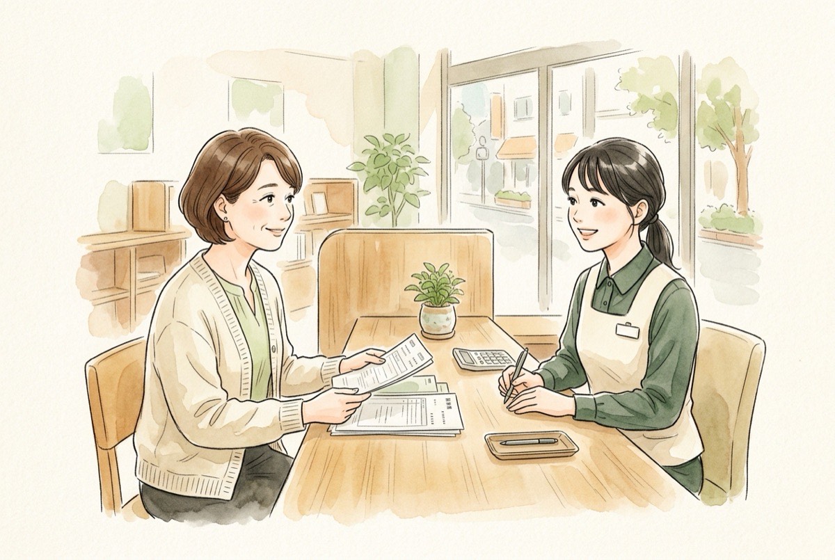 銀行の窓口で、行員に口座のことを相談している女性の水彩イラスト