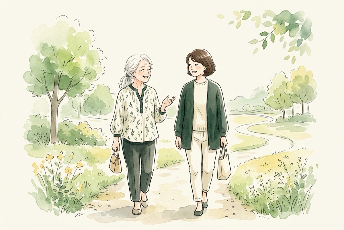 公園を並んで散歩しながら話している母と娘の水彩イラスト