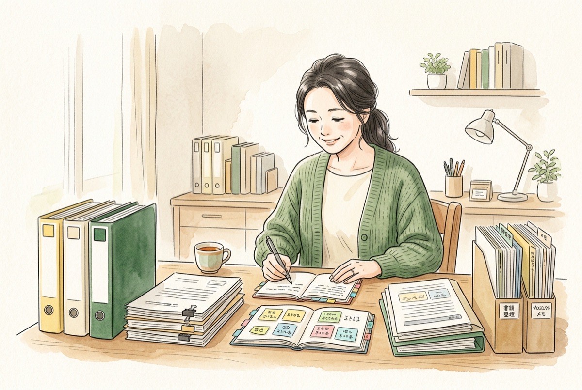 机の上で書類とノートを整理している女性の水彩イラスト
