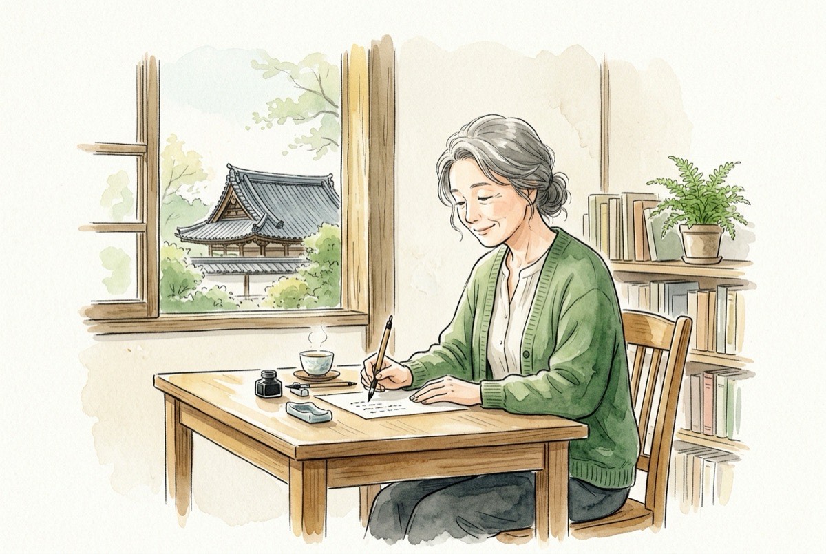 机に向かって手紙を書く女性と、窓の外に見える寺の屋根の水彩イラスト