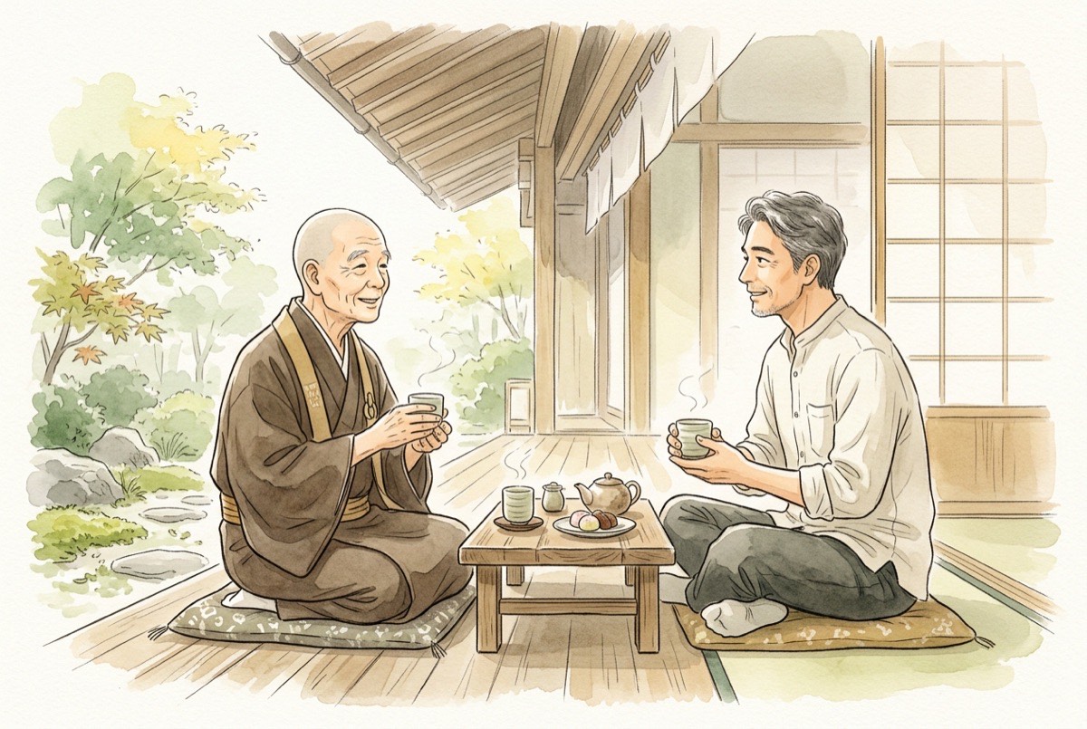寺の縁側で、住職と檀家がお茶を飲みながら話している水彩イラスト