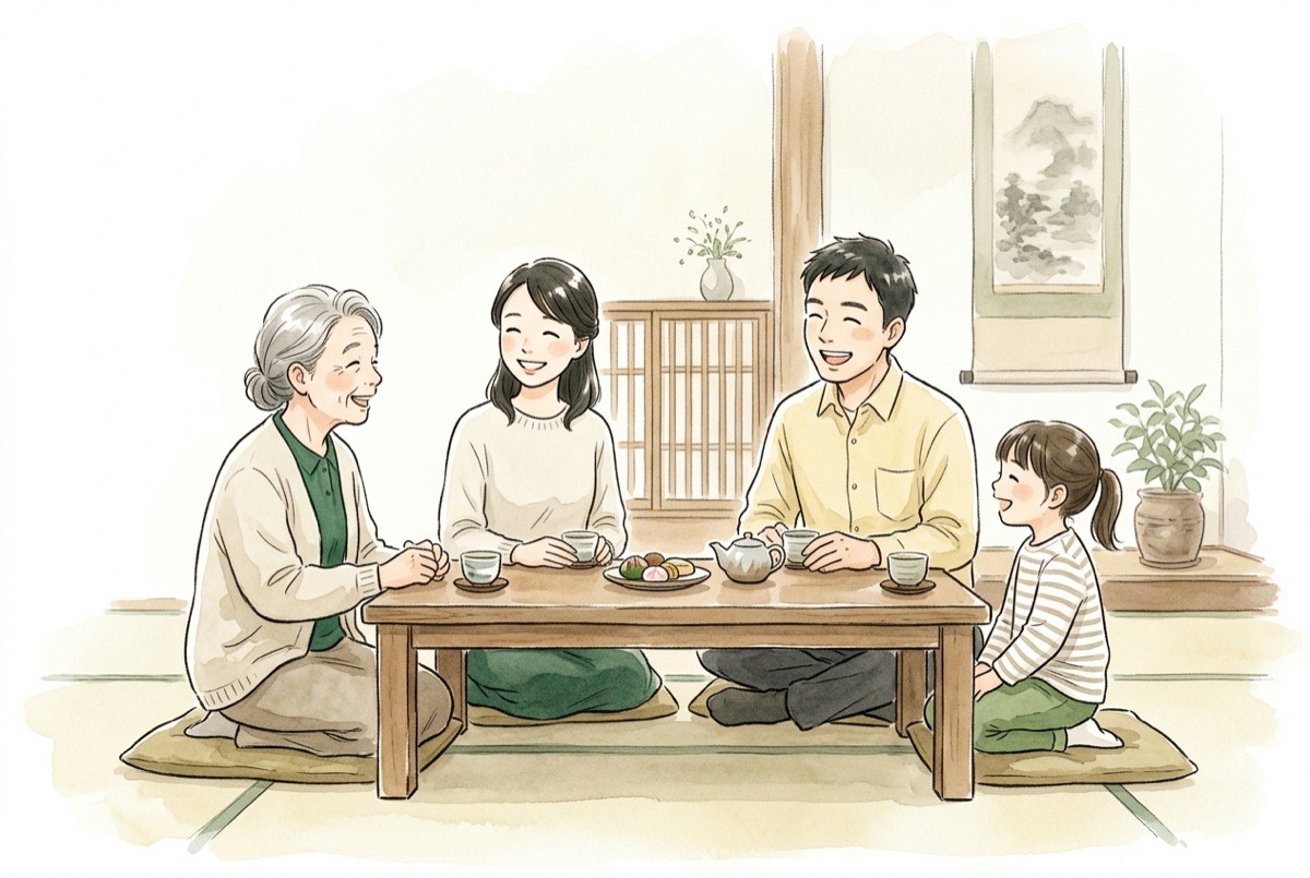 実家の居間で、親族が座卓を囲んで話し合っている水彩イラスト