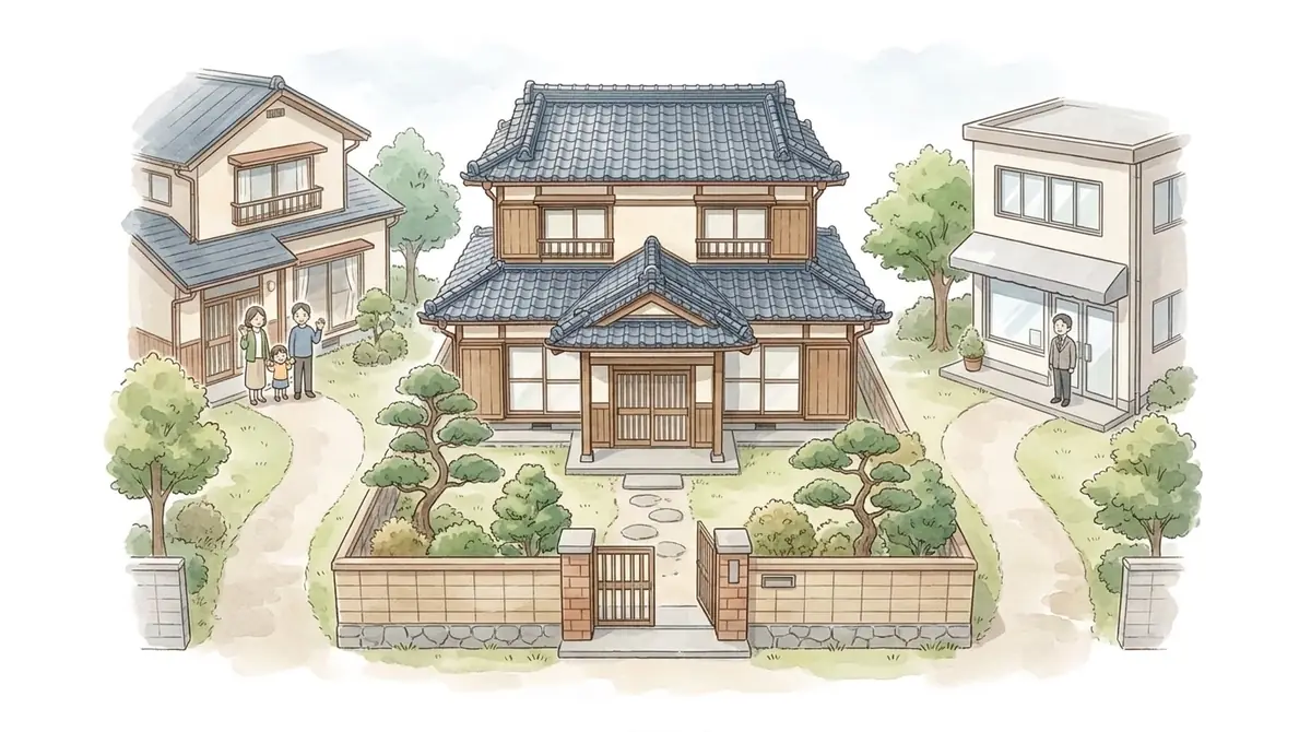 実家の門から道が2つに分かれ、片方は住まいの家族へ、片方は事務所へ続いているイラスト