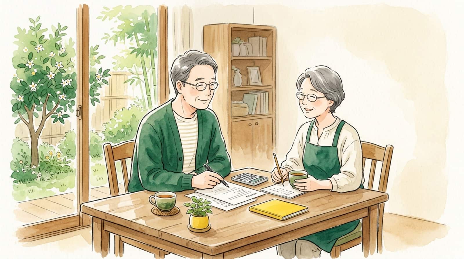 電卓と書類を前に話し合う夫婦の水彩イラスト