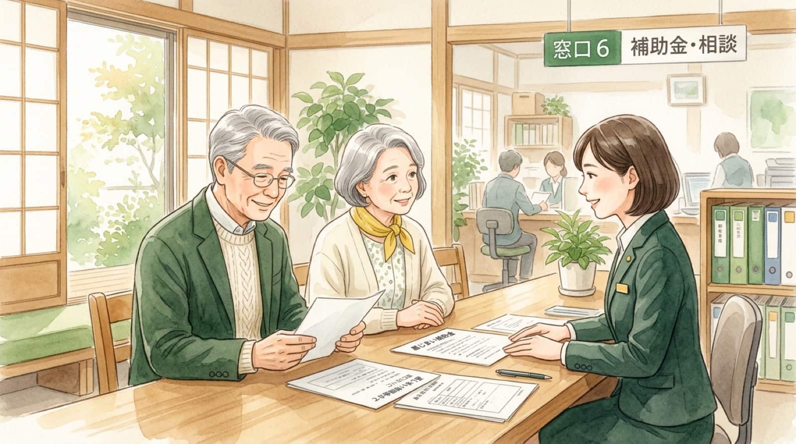 市役所の窓口で墓じまいの補助金について相談する高齢の夫婦の水彩イラスト