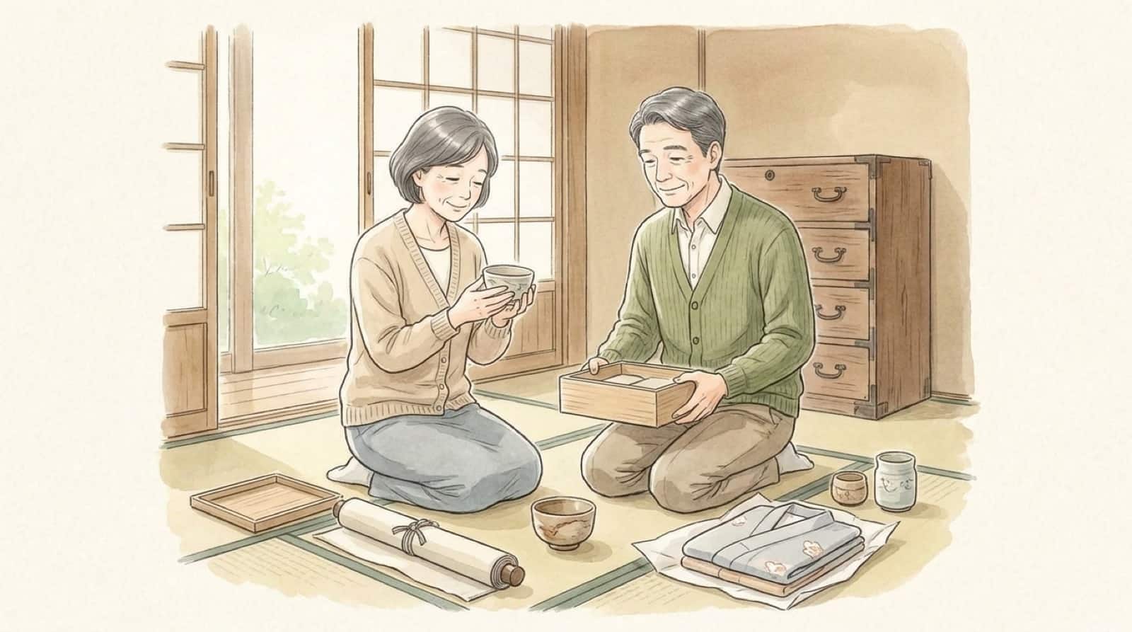 実家の和室で夫婦が桐箱や茶碗を検分している水彩イラスト