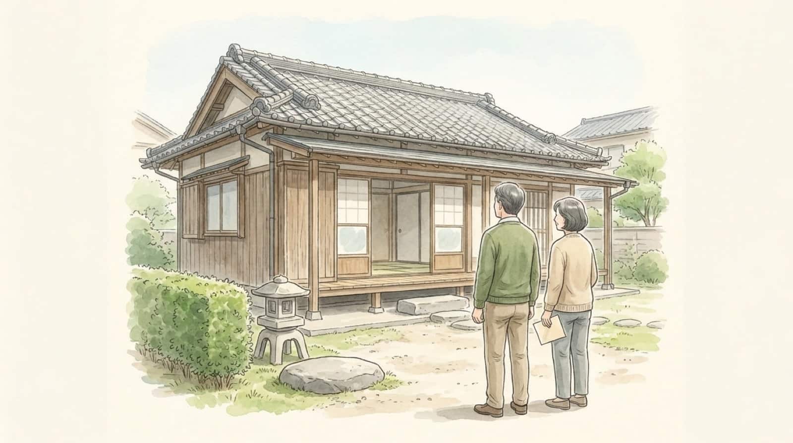 実家の前に立ち、書類を手に家を見上げる家族の水彩イラスト