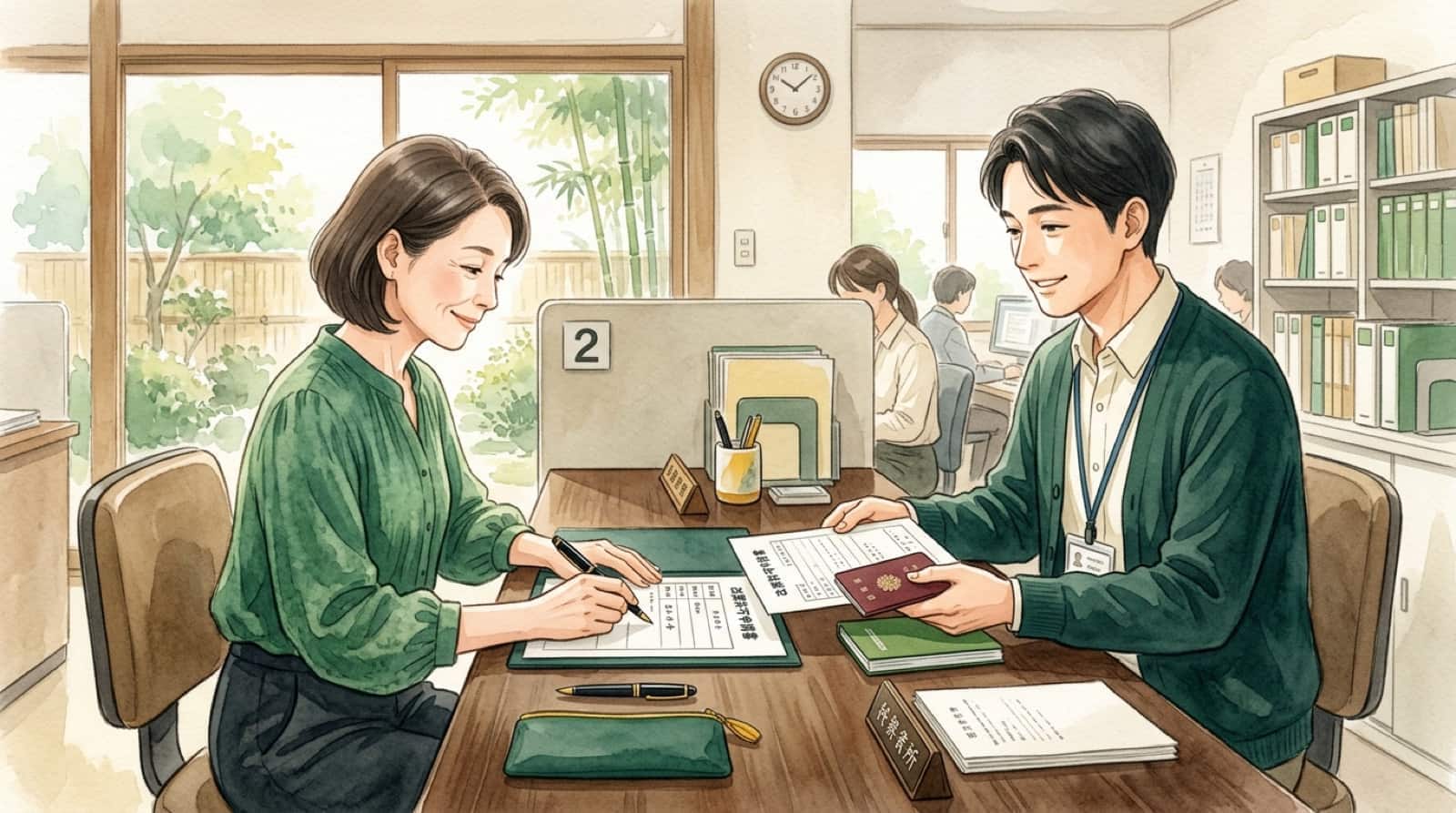 改葬許可申請書と必要書類を前に手続きを確認する家族の水彩イラスト