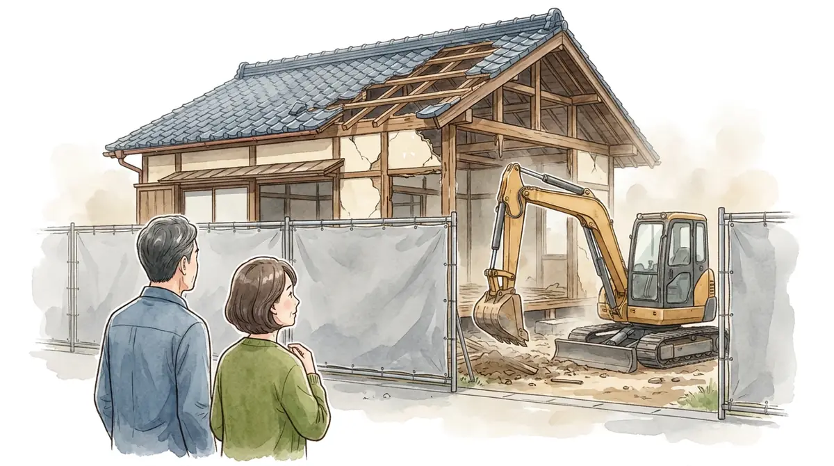 仮囲いの向こうで解体が始まった木造家屋と重機を見守る夫婦のイラスト