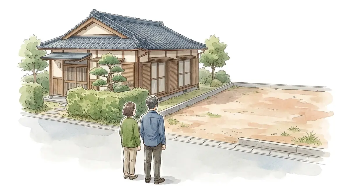 建物が残る土地と、隣の更地になった土地を並べて眺めている夫婦のイラスト