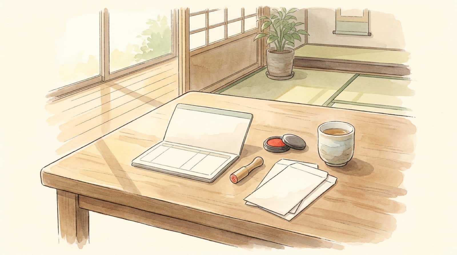 机の上の通帳と印鑑を前に考える人の水彩イラスト
