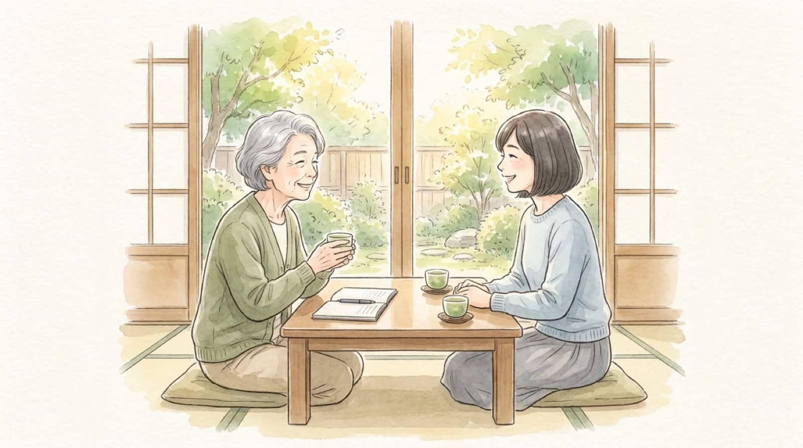 低い座卓でお茶を飲みながら、ノートを開いて話す親子の水彩イラスト
