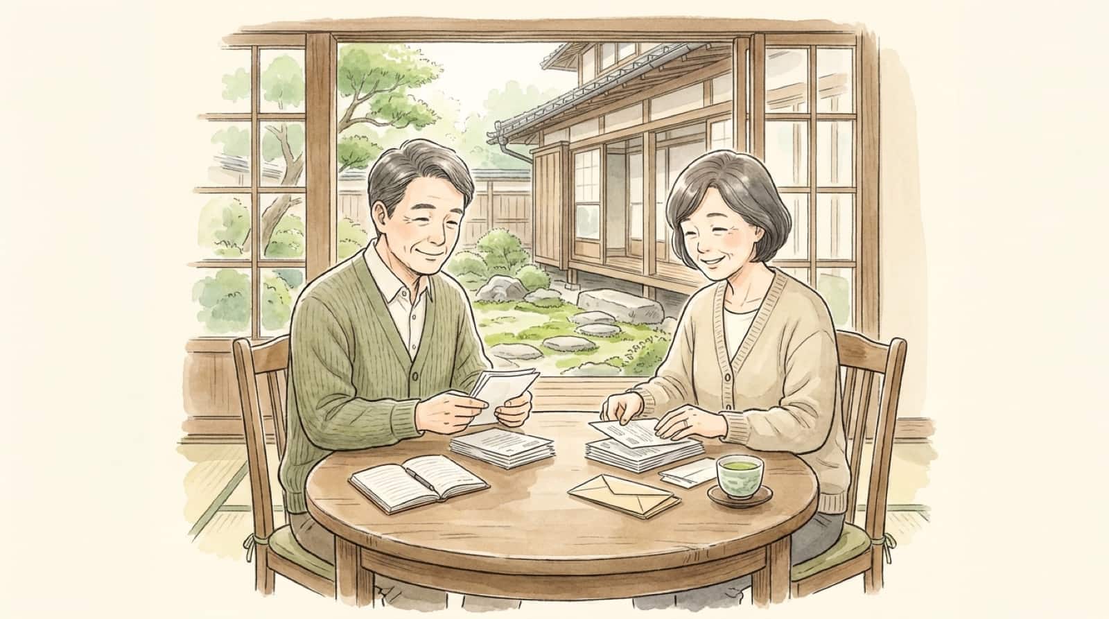 自宅の食卓で書類を整理する中年夫婦の水彩イラスト
