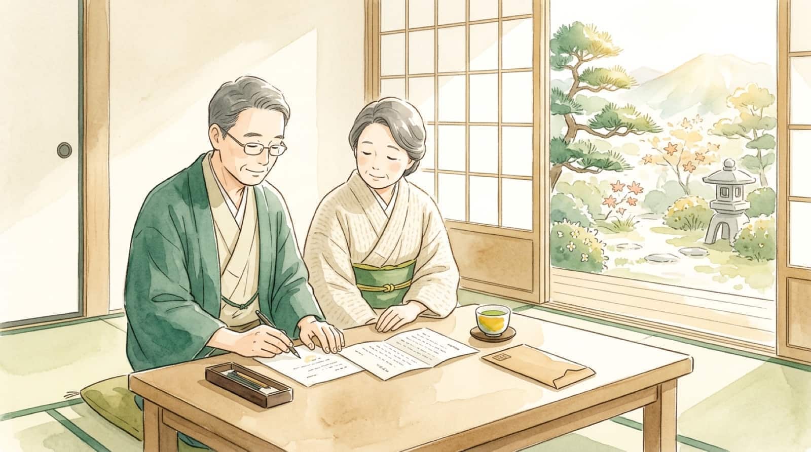 自宅で寺院からの手紙を前に相談する夫婦の水彩イラスト