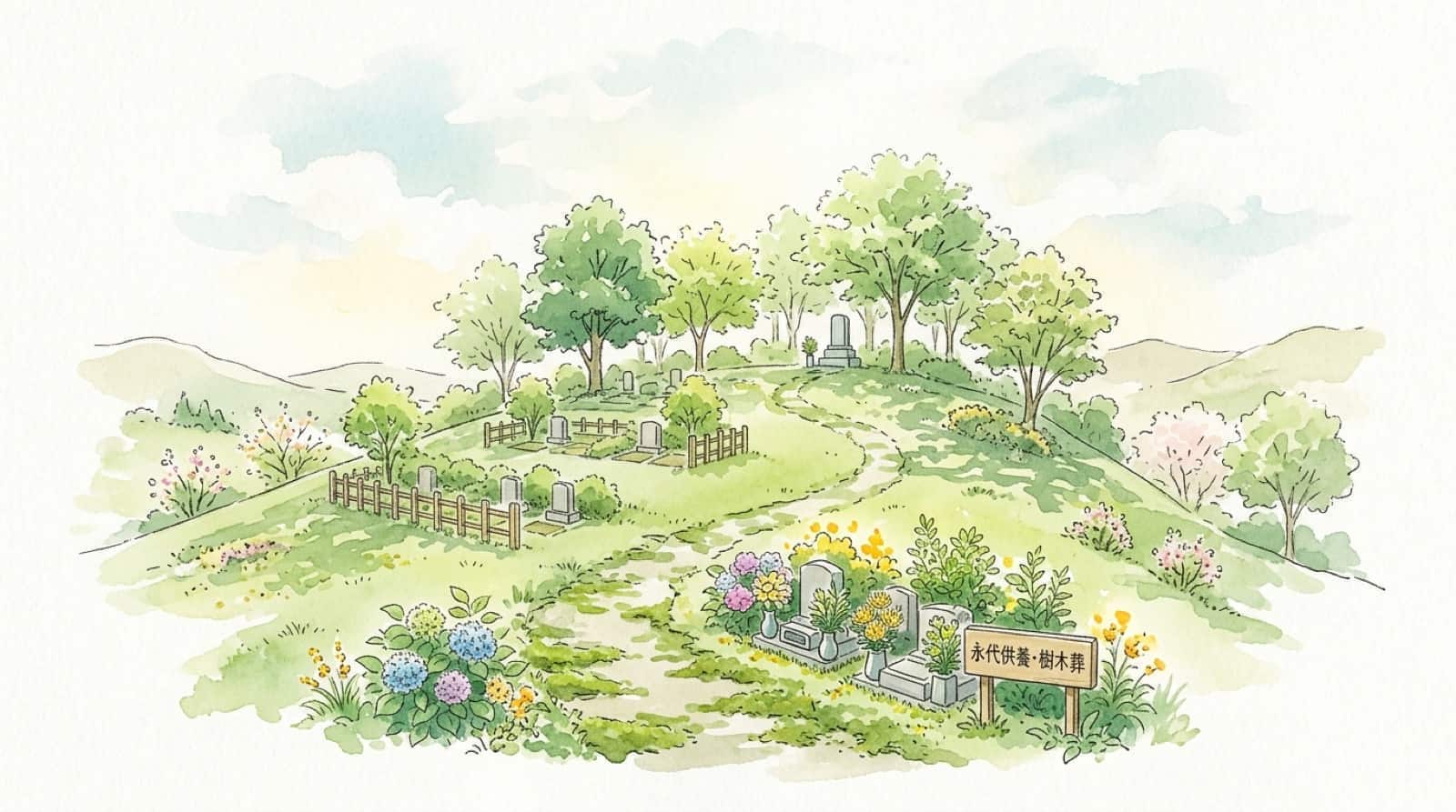 明るい木漏れ日の永代供養墓と樹木葬の丘の水彩イラスト