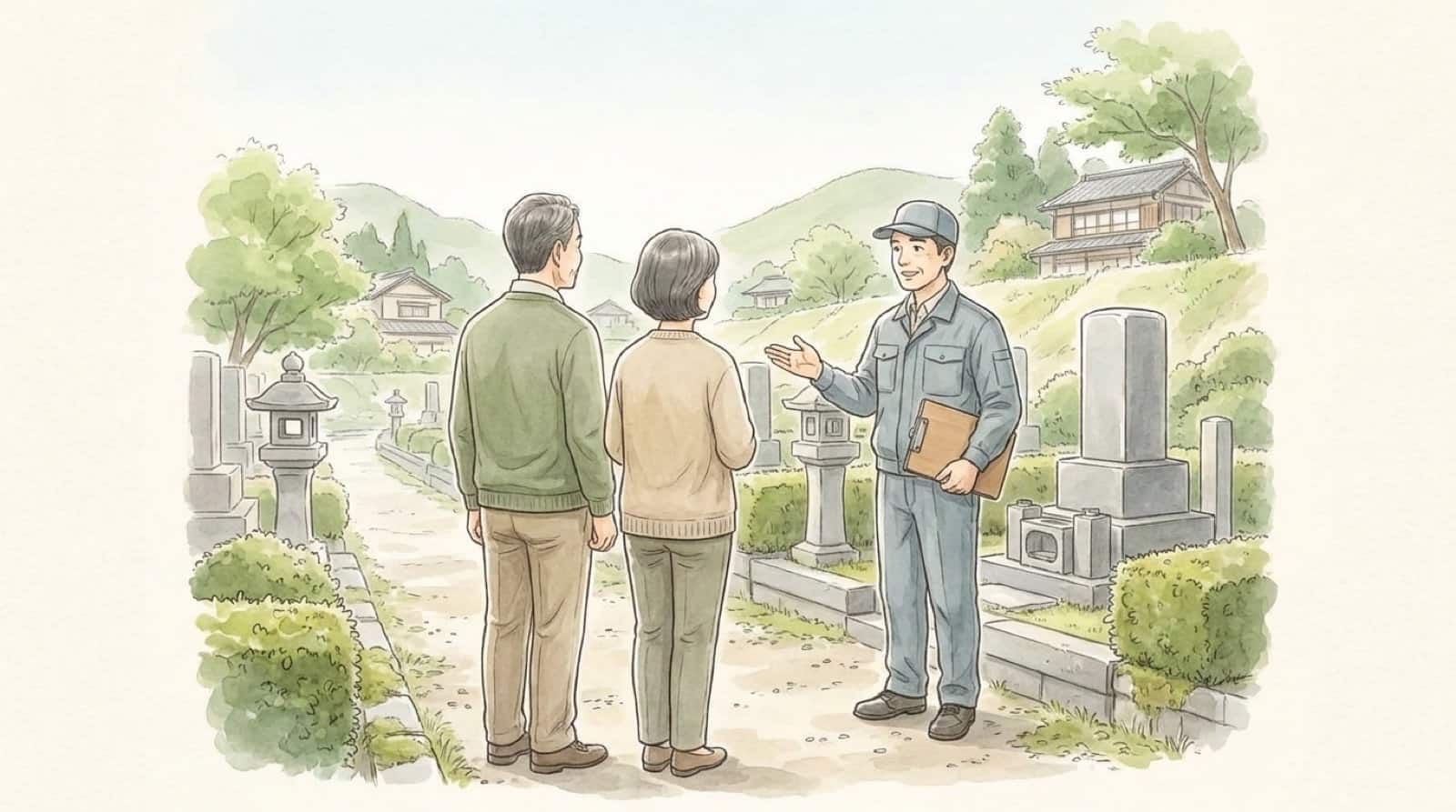 墓地で石材店の担当者と見積もりの相談をする夫婦の水彩イラスト