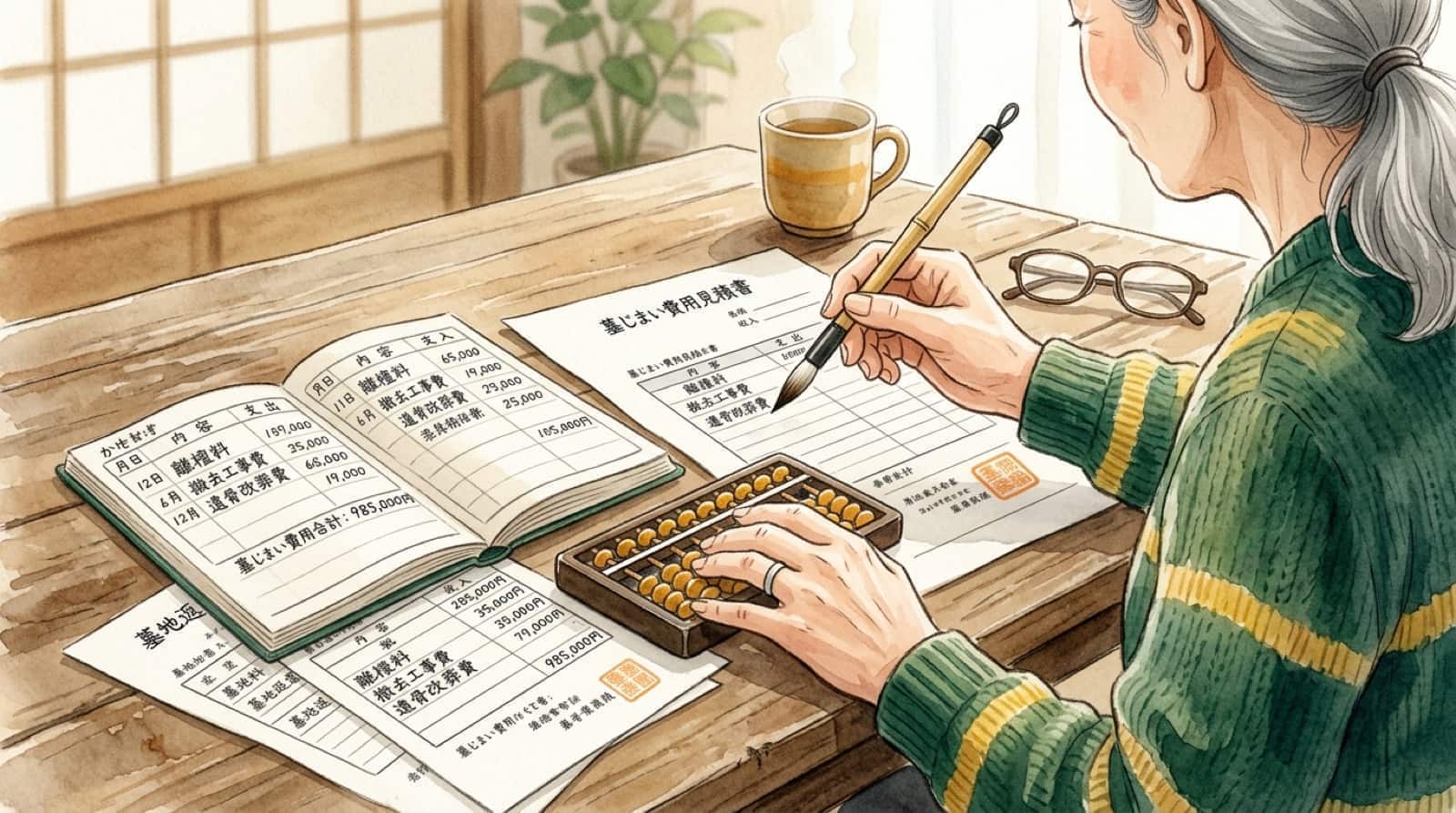 石材店から墓石撤去の見積書を受け取り比較する家族の水彩イラスト