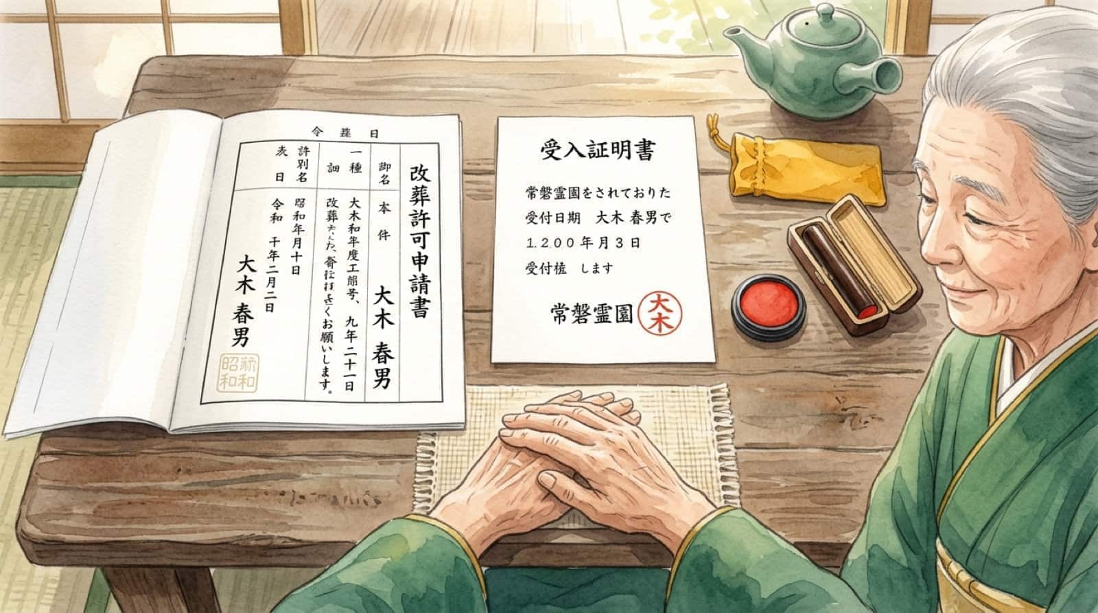 改葬許可申請の必要書類を机に並べて確認する様子の水彩イラスト