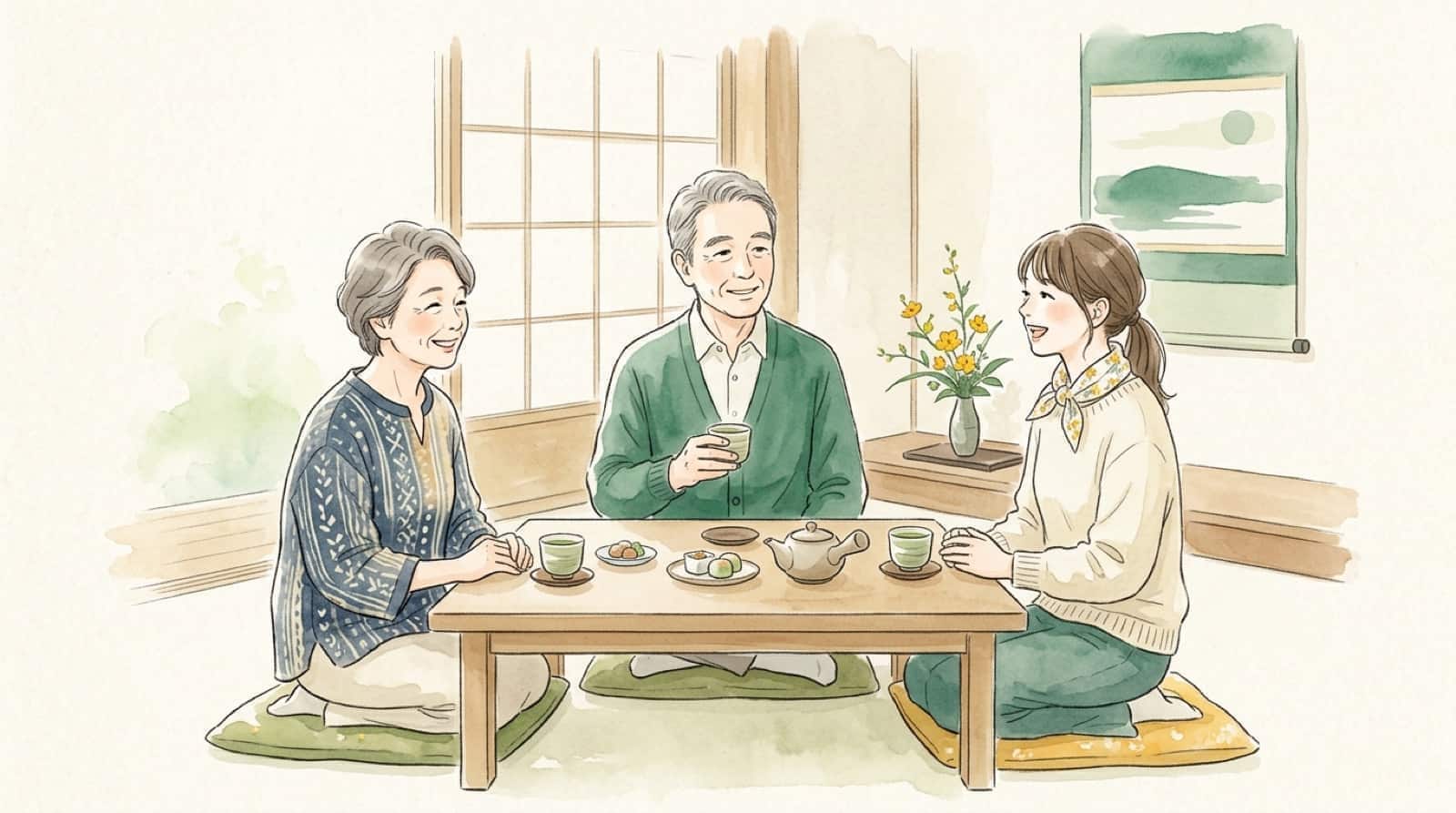 家族三世代でお墓について話し合う様子の水彩イラスト