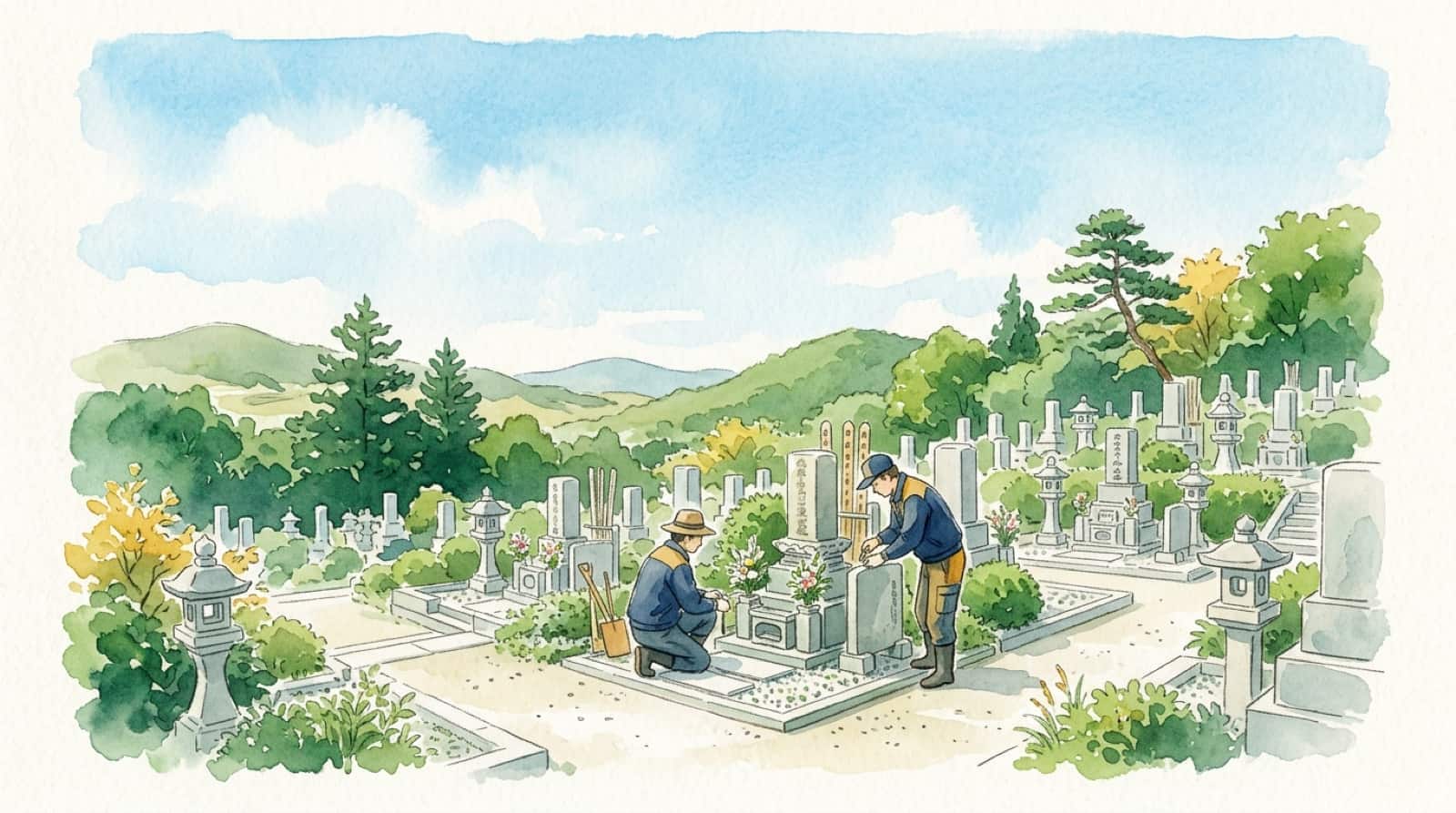 墓地で丁寧に作業する職人の水彩イラスト