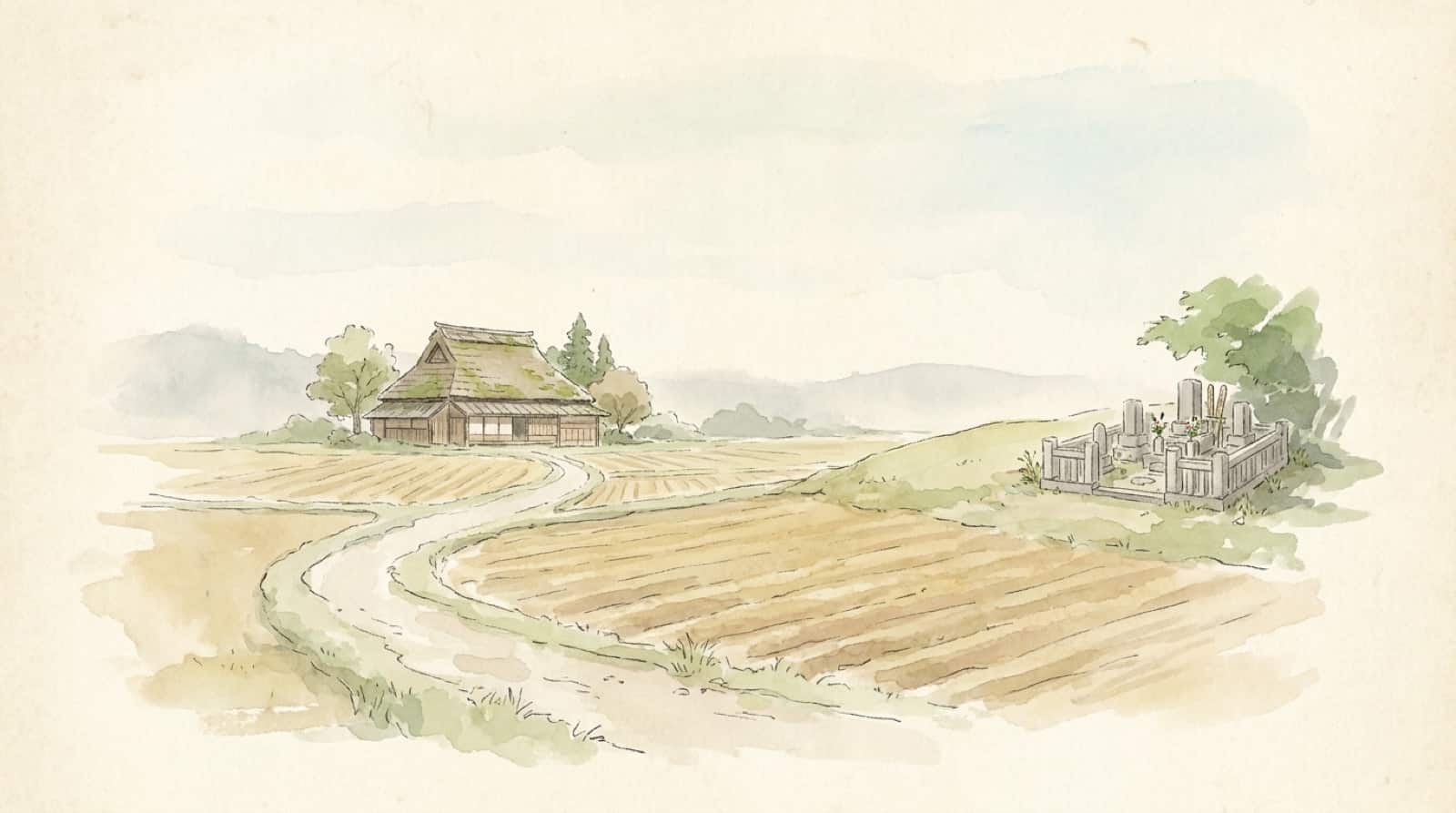 田園の中の実家と小さなお墓を望む水彩の風景イラスト