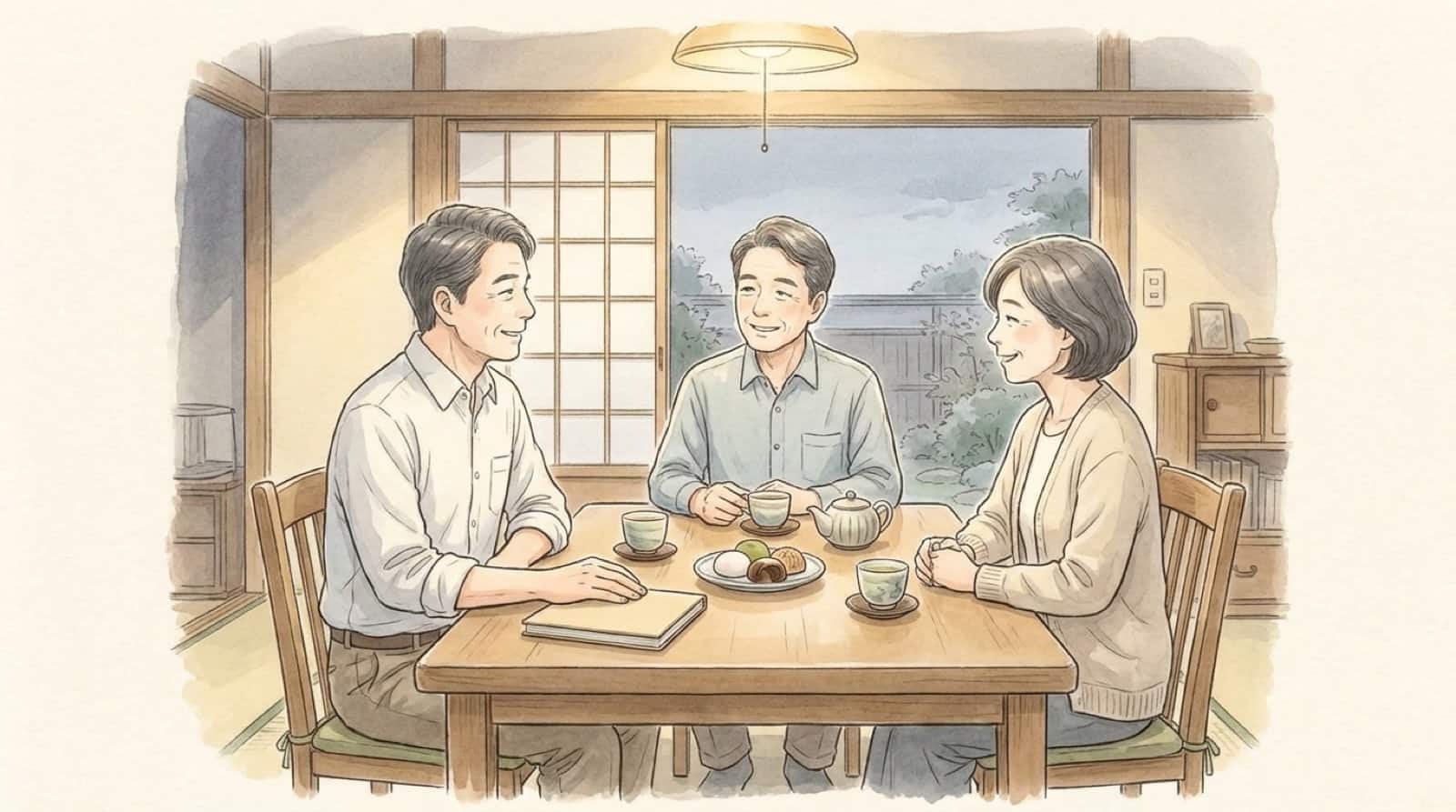 夕方の食卓できょうだい3人がお茶を飲みながら話し合う水彩イラスト