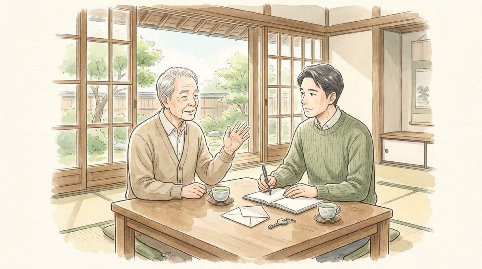 居間で父親の話を息子がノートに書き留めている水彩イラスト