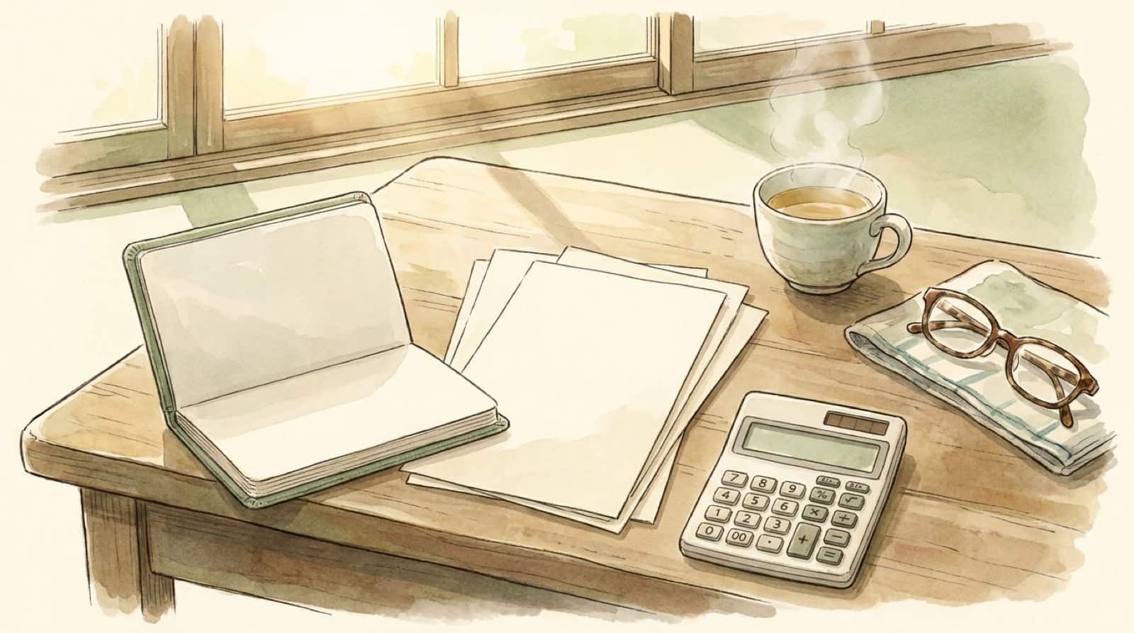 机の上の通帳と書類と電卓の水彩イラスト