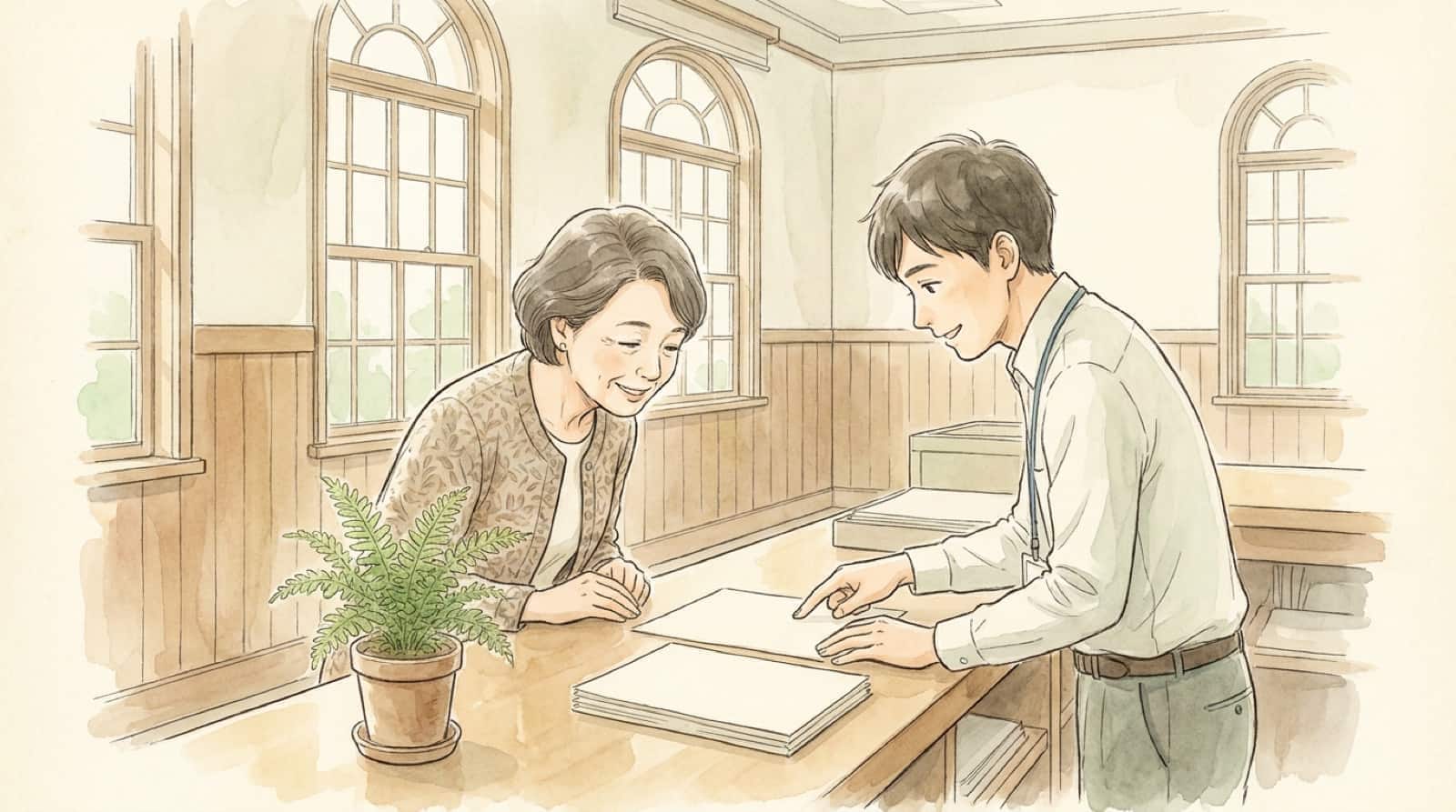 役所の窓口で職員から書類の説明を受ける女性の水彩イラスト