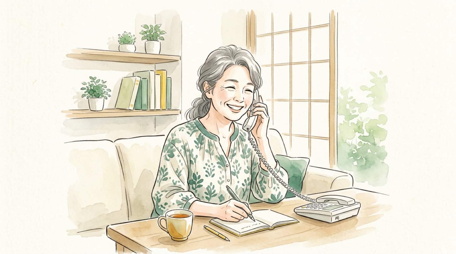 電話で相談しながらメモを取る女性の水彩イラスト